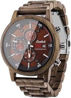 Wooden Watch for Men, Date Display Chronograph Quartz Wrist Watch, 3 Sub-dials Handmade Light Weight Luminous Watch - Walnut