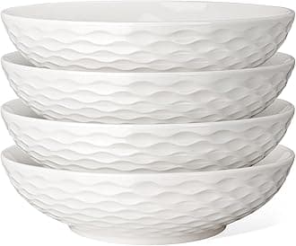Artena Pasta Bowls 32oz, Ceramic Large Salad Bowls Set Serving Bowl of 4 for Soup, Entertaining, Pasta, Noodle, Dinner, Wide Shallow Microwave Dishwasher Safe, 8 inch, Embossed Wave