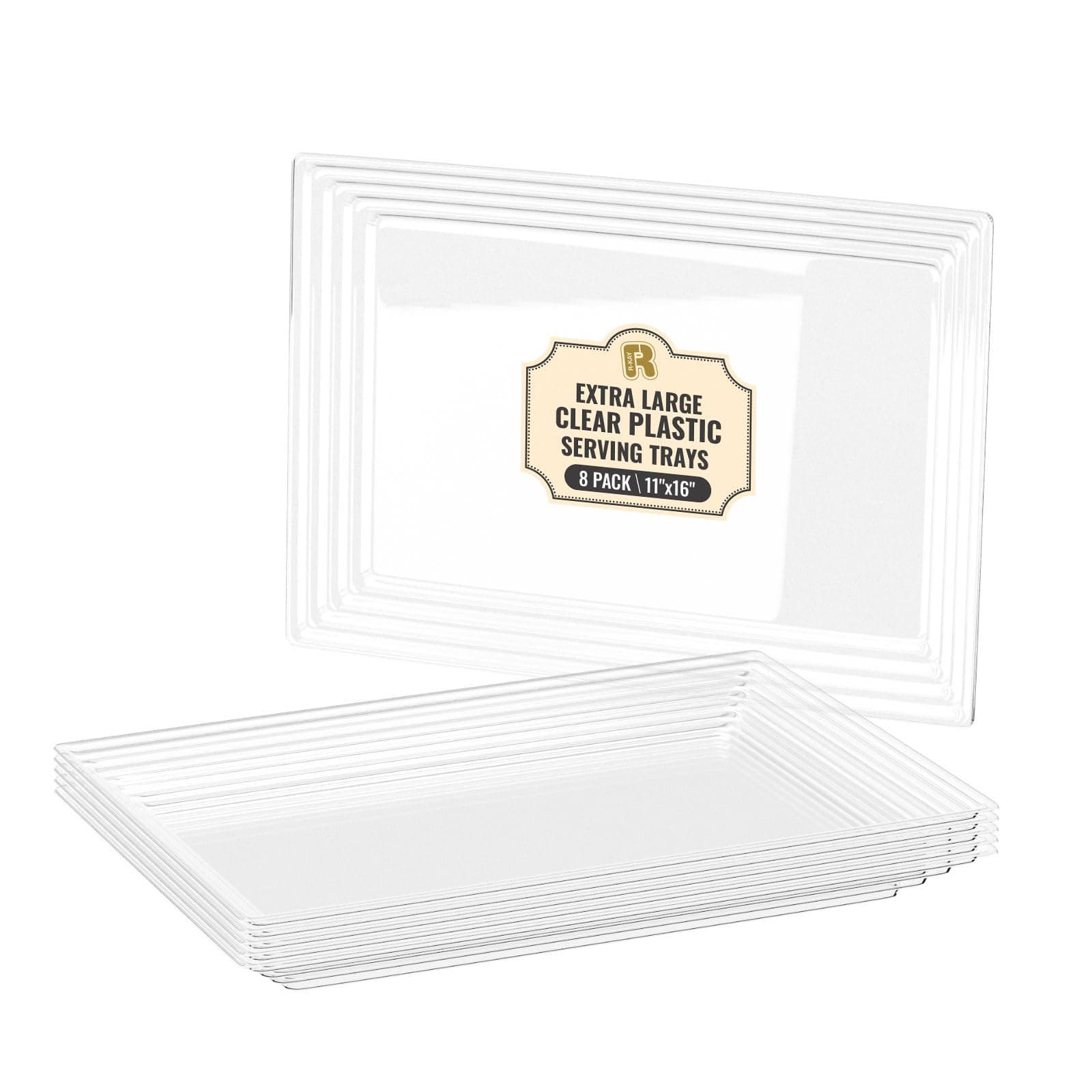 8 Pack Extra Large Plastic Serving Trays for Party - 16 x 11 Clear Plastic Tray - Heavy Duty Trays for Food - Rectangular Party Serving Trays and Platters (Clear)