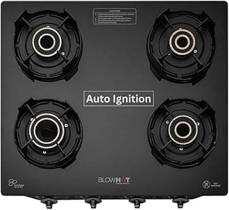 Auto Ignition Premium Design 4 Tornado Brass Burner Gas Stove Emerald - Toughened Glass Cook Top Burner, Gas Stove Valve And Glass - 2 Years Warranty By BLOWHOT 1 Year General Warranty