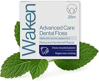 Waken, 25m peppermint Advanced Care Dental Floss, 100% natural flavor, reduces plaque and gum disease, clinically tested, vegan floss, white