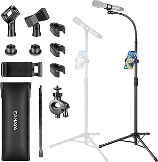 CAHAYA Dual-use Tripod Microphone Stand with Phone Holder Gooseneck Floor Mic Stand Portable with Carrying Bag and 2 Mic Clips for Singing Performance Wedding Stage Meeting Live CY0312