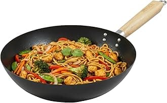 IMUSA 11in Carbon Steel Nonstick Wok with Wood Handle, Stir Fry Pan for Vegetables, Rice, Noodles, and Asian Cooking, Black