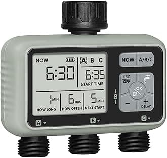 WILAWELS 2 Zone Sprinkler Timer, Garden Hose Timer, Automatic Irrigation System, Programmable Faucet, 2 Outlets, with Rain Delay, Manual Mode,Child Lock, for Yard, Garden, Lawn Greenish Gray D13WT06