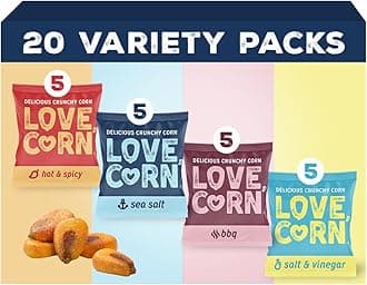 LOVE CORN Fab Four Sea Salt, BBQ, Salt & Vinegar, Hot Spicy | Delicious Crunchy Corn Snacks | .07oz x 20 Gluten Free, Vegan Bags | Convenient for Lunch Boxes, Commuting & Office Snacks