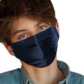 100% Mulberry Silk Face Mask Covering Men & Women Reusable with Ear loops Nose Wire Filter (Navy Blue, Pleated)