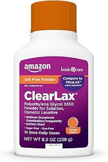 Amazon Basic Care ClearLax Polyethylene Glycol 3350 Powder for Solution, Orange Flavor, Osmotic Laxative, Stool Softener, Relieves Occasional Constipation, 8.3 ounce (Pack of 1)