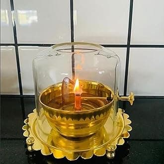 Adbeni Imported Akhand Jyot Brass Diya Lamp with Adjustable Batti | Traditional Indian Lighting | Plate 5.5 Inch, Diameeter 3.5 Inch, Depth 2.5 Inch, Glass Height 6 Inch, Capicity 300ml Approx