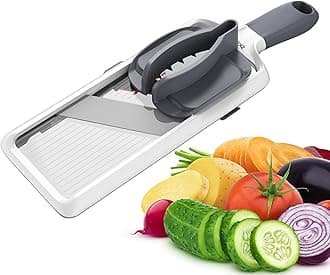 Handheld Mandoline Slicer for Kitchen - Adjustable 3-Thickness Vegetable Slicer (1mm-3mm) with Food Holder - Safe Potato Slicer & Cucumber Cutter for Salad, Easy to Clean (Gray)