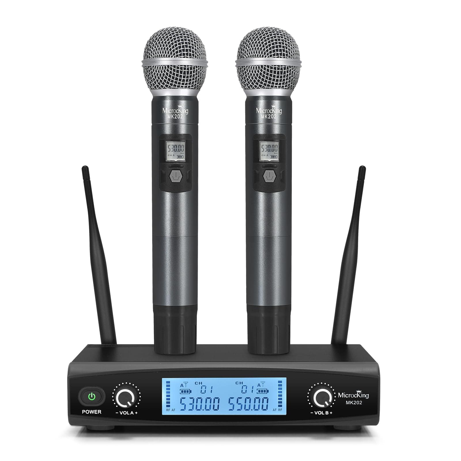 MicrocKing Wireless Microphone System with Metal UHF Cordless Dynamic Handheld Mics + Volume Control Echo, Fixed Frequency, Long Range 220ft, Ideal for Church, Party, DJ, Wedding, Home KTV(MK202)