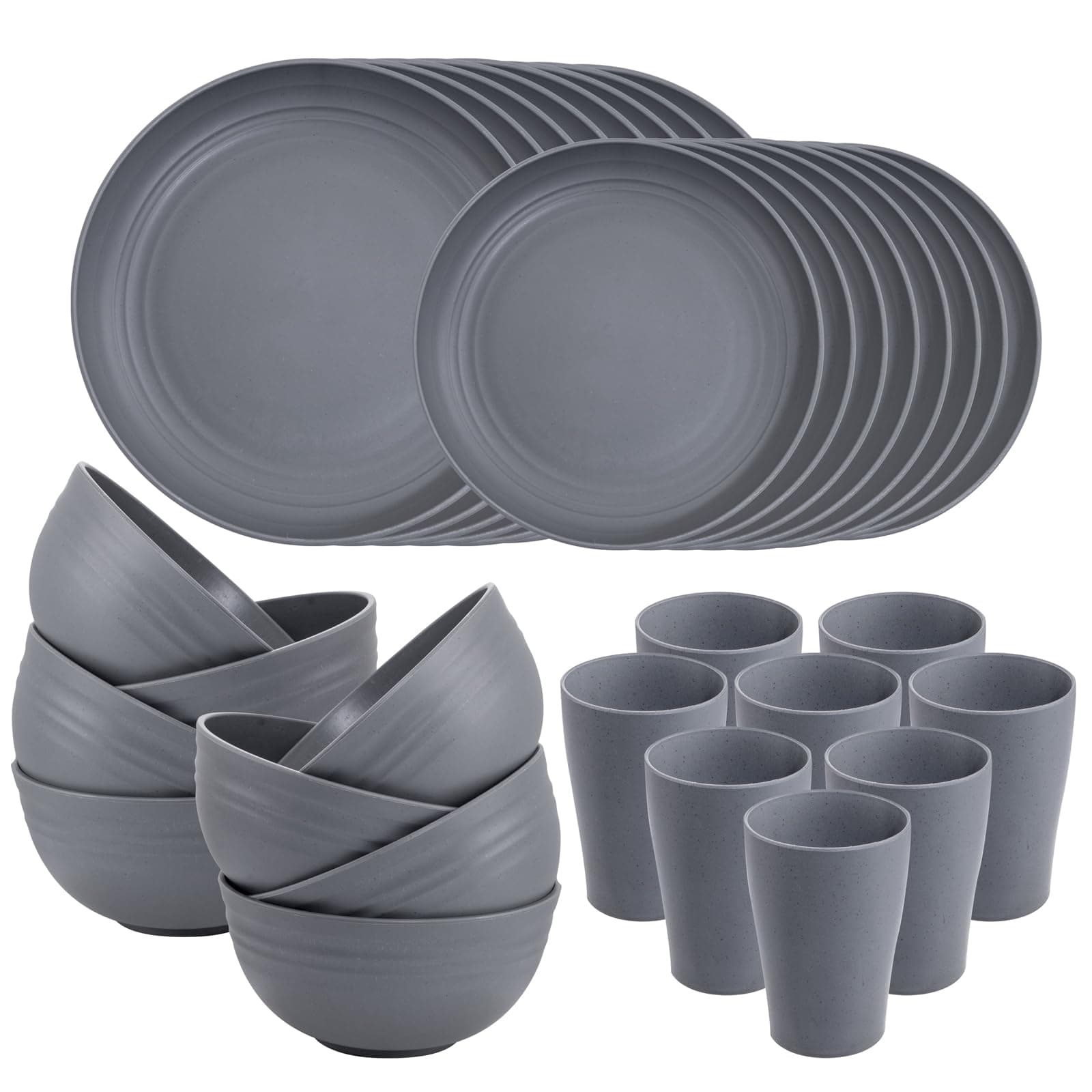 Supernal 32pcs Wheat Straw Dinnerware Sets,Unbreakable Dinnerware Sets for 8,Reusable Tableware,Dishes Set for 8,Plates and Bowls Set Dark Grey Include16pcs Plates, 8pcs Bowls, 8pcs Cups