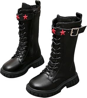 Girls Lace Up Riding Boots Mid Calf Combat Boots Fashion Waterproof PU Leather Side Zipper Punk Goth Boot 4-12.5 Years