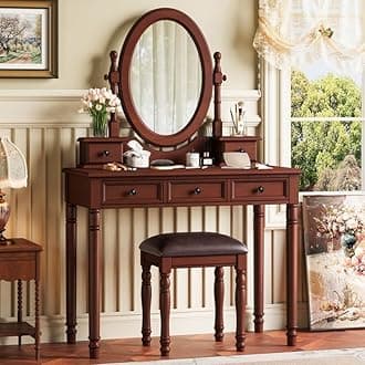 38" Vintage Vanity Set with Oval Mirror - Adjustable Makeup Desk with 5 Drawers & Matching Stool, 180° Tilt Mirror, Classic Carved Design for Bedroom/Dressing Room, Walnut