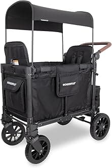 WONDERFOLD W2 Luxe Pro Stroller Wagon (2 Seater) - Collapsible Wagon Stroller with Seats Featuring 5-Point Safety Harnesses and Adjustable Sun Canopy, Jet Black