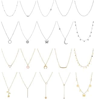 20PCS 14K Gold Plated Choker Necklaces for Women, Dainty Gold Diamond Coin Pearl Pendant Simple Chain Necklace Set Cute Gold Layered Necklaces for Women Teen Jewelry Gifts