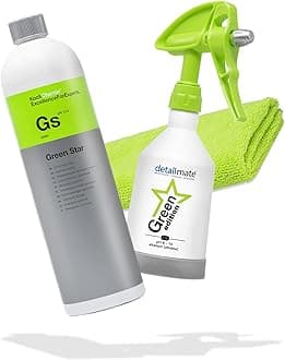 Green Star Set: Koch Chemie GreenStar Universal Cleaner Car Industrial Workshop 1L + Kwazar Mercury Spray Bottle Green Edition – 0.5 L – Suitable for pH 8-14 + Microfibre Cloth + Gloves