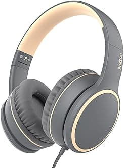 RORSOU R10 Over-Ear Headphones with Microphone, Lightweight Folding Stereo Bass Headset with 1.5M No-Tangle Cord, Portable Wired Headphones for Smartphone Tablet Computer MP3 / 4 (Grey)