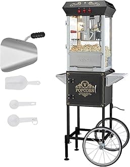 VEVOR Pop Corn Machine with Cart, 850W Electric Popcorn Maker, Large 8oz Bowl for 48 Cups per Pack, with Tempered Glass, 4 Spoons, Movie Style, for Party Shop, Party, Black