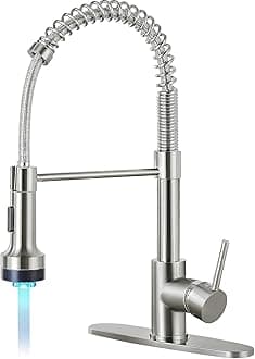 DJS Kitchen Faucets with Pull Down Sprayer Brushed Nickel LED Light Single Handle 1 or 3 Holes Spring Kitchen Sink Faucet with Deck Plate for Farmhouse RV Vessel Basin