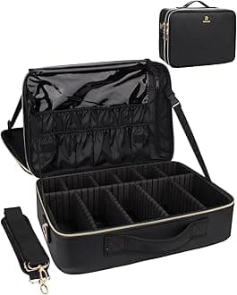 MONSTINA Large Makeup Travel Case Bag,Professional Makeup Artist Train Case with Brush organizer,Large Capacity Cosmetic Bag with Zipper Pocket and Adjustable Compartment（PU Leather Black）