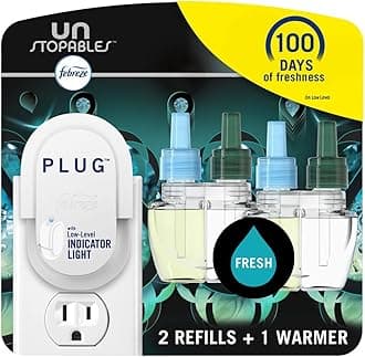 Febreze Plug In Air Freshener, Odor-Fighting Scented Oil Starter Kit, Air Fresheners for Home and Bathroom and Kitchen, Long Lasting for Strong Odors, UnStopables Fresh Scent, Warmer + 2 Refill