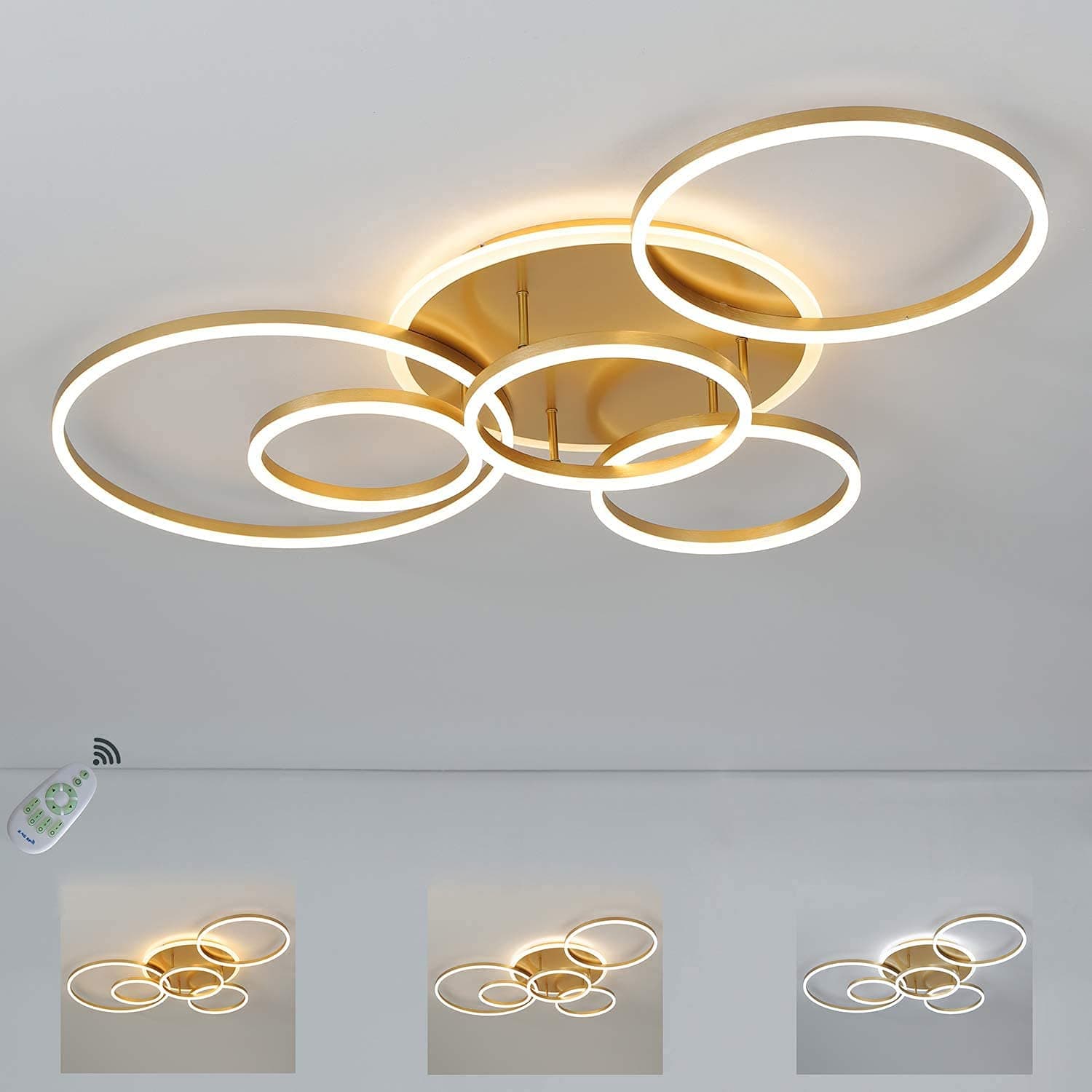 SENFAY LED Ceiling Light dimmable with Remote, Round Chandelier Ceiling Light with 6 Ring Gold, Flush Mount Ceiling Lamp for Living Room Kitchen Office Bedroom Dining Room(3000k-6000k) [Energy Class F]