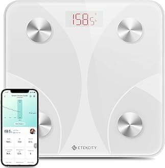 Etekcity smart scale for body weight, digital bathroom weight scale for weight loss, wireless bluetooth body fat scale tracking 12 key data with smartphone apps, health monitor, 400 lb - White