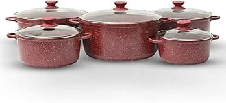 5Pcs Die-Cast Aluminium Stockpot Set with Glass Lids - Induction Safe Non-Stick Casserole Set - Granite Coating Cookware Pots - Large Cooking Stockpot - Suitable for Most Types of Hobs Red