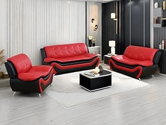 Leather Couches for Living Room, Living Room Couch Set, Sofa for Bedroom, Apartment, Living Room Furniture Sets (a-Leather Black&Red, Sofa+Loveseat+Chair)