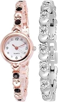 Premium Girl's Special Quality Different Heart Shape Bangle Analog Watch with Rose Gold Bracelet - Pack of 2