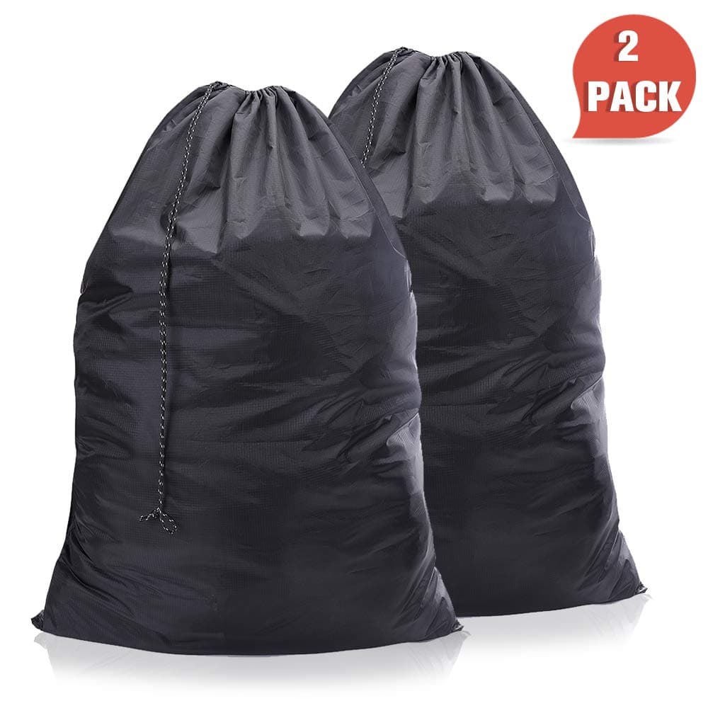 WEHE Laundry-Bag-Nylon-Drawstring-Washable Bag, 2 Pack Ripstop Laundry Bags with Portable Drawstring Closure, Enough Storage Fit All Clothes, Home Laundry Washable Black Bag (New Black)