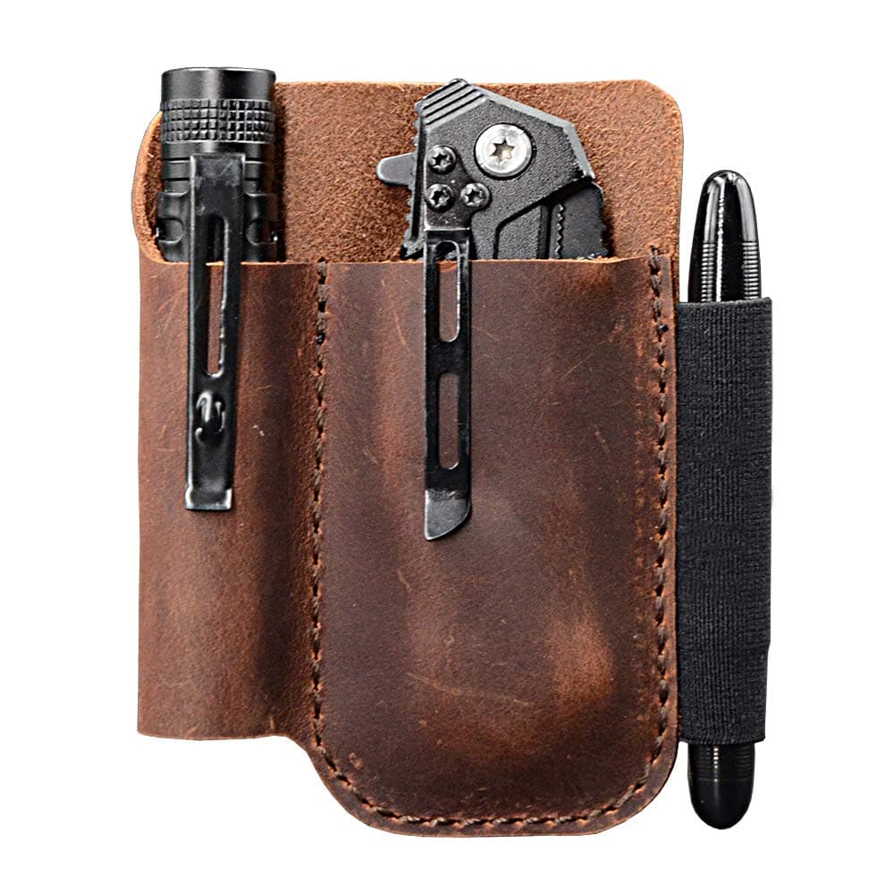 diodrio EDC Leather Knife Sheath Organizer Pouch with Pen Loop, Full Grain Leather, Chestnut