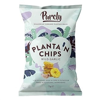 Purely Plantain Chips - Low Fat Plantain Crisps - Gluten Free Snacks - Healthy Alternative Snack Multipack - Vegan, Nutritious & All Natural - Wild Garlic - 75g x 3 Pack