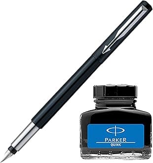 ParkerVector Standard CT Fountain Pen - Black + Quink Ink Bottle - Blue (30ML)