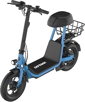 Gotrax A5 Electric Scooter w/Seat for 13+, 12" Pneumatic Tire, Max 15.5 Miles &15.5 Mph Power by 400W Motor, Dual Rear Shock Absorber &Dual Brake, Comfortable Wider Seat & Carry Basket & Hook, Blue