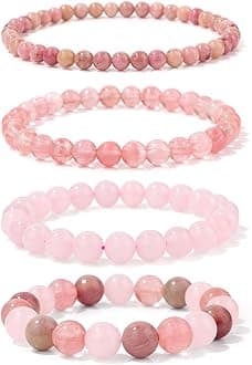 女性用ビーズブレスレット4点、ナチュラルヒーリングクリスタルジェムストーンブレスレット、不安ストレス解消ブレスレット ハンドメイドパープルジュエリーギフト 女性用