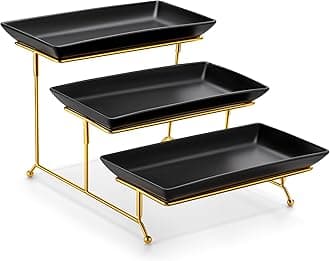 - MALACASA 3 Tier Serving Trays for Party, 12 Inch Porcelain Black Trays for Serving Food, Dessert Stand with Collapsible Gold Metal Rack