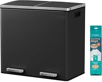 SONGMICS Dual Rubbish Bin, Metal Recycling Bin with 15 Rubbish Bags, 2-Compartment, with Lids, Pedals, Plastic Inner Buckets, Soft Closure, 2 x 6.3 Gallons (2 x 24 L), Black LTB48BK