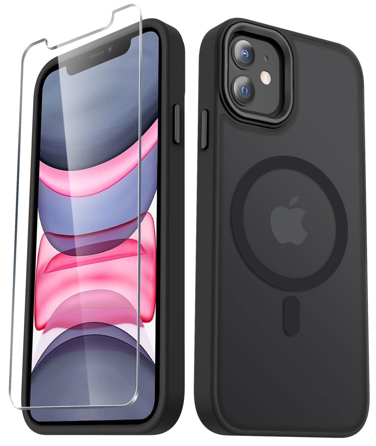 for iPhone 12 Case, iPhone 12 Pro Case, with 1 Screen Protector, Matte Magnetic Slim Phone Cover, Support for Magsafe, Shockproof Protection Translucent Frosted Back,Black