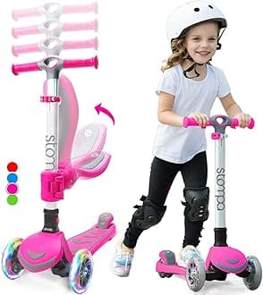 Kids Scooter 2-in-1 Light Up 3 Wheel Scooters with 4 Levels Adjustable Handlebar, Foldable Seat, Widen No-Slip Deck for Girls & Boys Ages 3-8 Years Old Pink