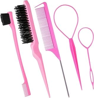 5Pcs Slick Back Brush Set with Topsy Tail Tool, Teasing Bristle, Rat Comb for Women & Girls Hair Styling, Flyaways Control and Edge Combing - Pink