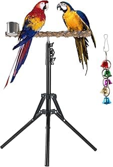 Adjustable Bird Perch Stand, 16-62 Inch Height Adjustable Bird Training Perch Stand with Feeding Cups and Swing Toy, Natural Pepper Wood Parrot Perch Toy for Small Medium Birds Indoor Outdoor Use