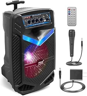 Pyle 400W Rechargeable Outdoor Bluetooth Speaker Portable PA System w/ 8” Subwoofer 1” Tweeter, Recording Function, Mic In, Party Lights USB/SD, Radio - Pyle PPHP842B, BLACK