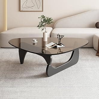 Triangle Coffee Table Modern Noguchi End Table, Solid Wood Base and 8mm Thick Tempered Glass Top Accent for Living Room Office Hotel Patio (Black Legs + Teal Glass, 32 * 22 * 16)