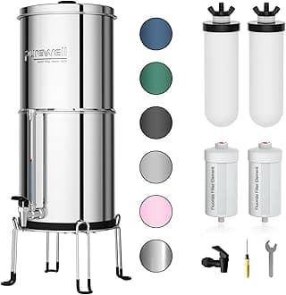 8-Stage Gravity Fed Water Filter System, 2.25 Gallon Stainless Steel Countertop System with 4 Filters, Metal Water Level Spigot and Stand, Reduce Fluoride and Chlorine, PW-OBT-CF