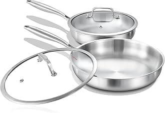 DELARLO Tri-Ply Stainless Steel Pan, 18/10 Frying Pan, Oven Safe Up to 600°F, Nontoxic Cookware, Compatible with All Cooktops Skillet, Durable, Fast Even Heat Fry Pan,Steel 8+10.2" with Lids