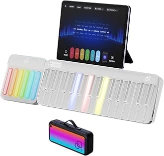 Portable Smart Piano Keyboard with Rainbow Light Keys, Interactive Lessons, MIDI, Expandable Keys, 100+ Chords, 256+ Tones, Visual Game Exercises - for Phone/PC/Tablet/Speaker
