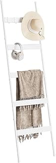 ELYKEN Blanket Ladder for Living Room, Farmhouse 5-Tier Quilt Holder with 4 Removable Hooks for Bathroom, Wood Towel Rack Display, Wall Anchor Leaning Decorative Stand for Home, White