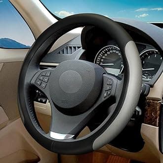 Steering Wheel Cover, Microfiber Leather Splicing with Classic Embossing,Contrasting Colors Anti-Slip Breathable Auto Car Steering Wheel Cover Fit 15 Inch Car Wheel Protector (Black&Gray)