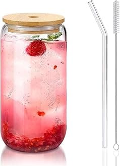 Glass Cups with Lids and Straws 1Pack,Glass Coffee Cups,Glass Cup with Lid for Iced Coffee,Smoothie,Cocktail,Beer,Whiskey,Soda,Matcha,16 Oz Glass Cup with Bamboo Lid,1 Brush